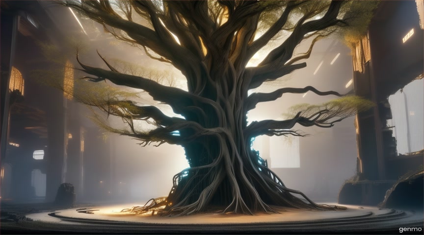 A biomechanical tree grows in the ruins of a data center. Animate light flickers and root twitching. IMPORTANT: Keep the camera completely still — no zoom, pan, or tilt. The final frame matches the first frame exactly, with no visible cuts.