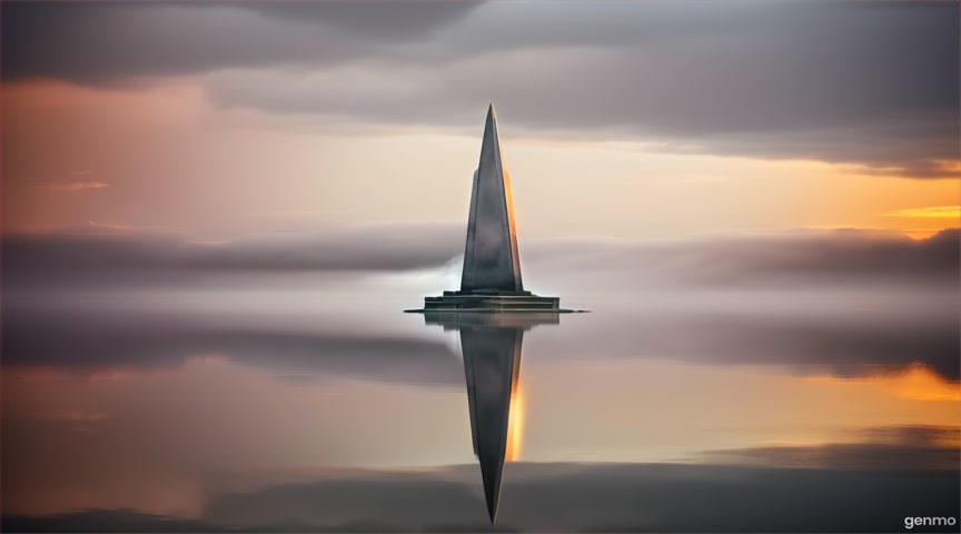 A triangular obelisk sits in calm reflective waters beneath a surreal cloudy sky. Animate fog drift and glow pulses from the obelisk. No zoom or motion. IMPORTANT: Keep the camera completely still — no zoom, pan, or tilt. The final frame matches the first frame exactly, with no visible cuts.