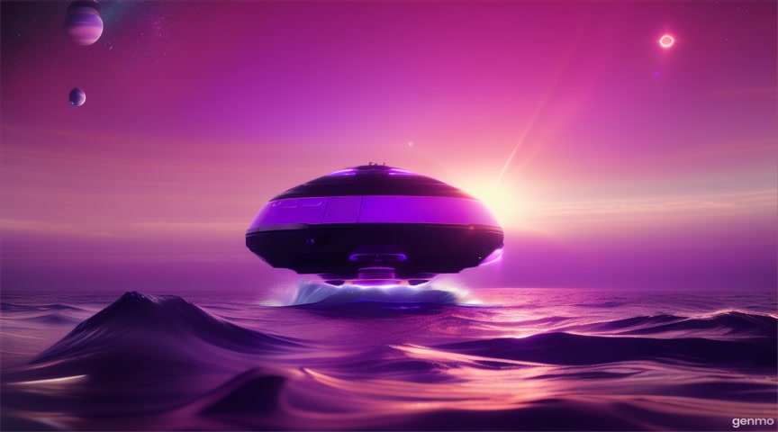 An escape pod lands in a purple sea on a distant exoplanet. Animate water waves and pod lights. No camera motion. IMPORTANT: Keep the camera completely still — no zoom, pan, or tilt. The final frame matches the first frame exactly, with no visible cuts.