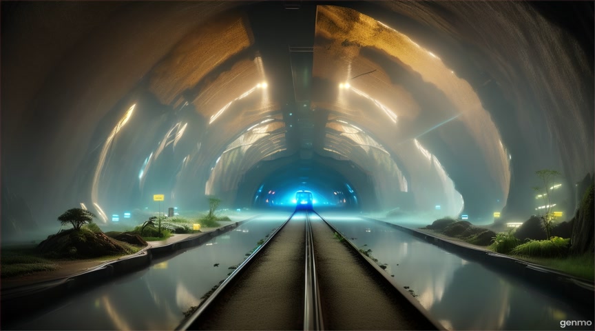 A collapsed metro tunnel serves as home to a growing biome. Animate humidity mist and fungus light. No zoom. IMPORTANT: Keep the camera completely still — no zoom, pan, or tilt. The final frame matches the first frame exactly, with no visible cuts.