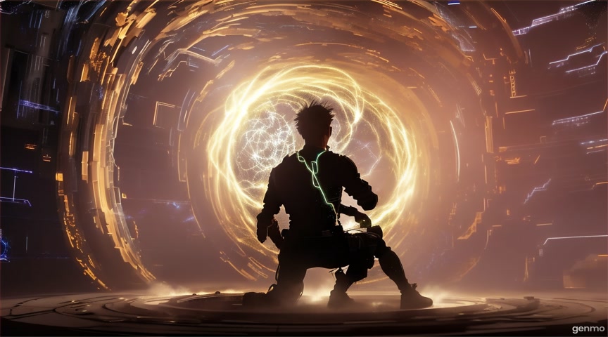 A technician works on a glowing portal behind a broken wall. Animate sparks and background mist. No zoom or motion. IMPORTANT: Keep the camera completely still — no zoom, pan, or tilt. The final frame matches the first frame exactly, with no visible cuts.
