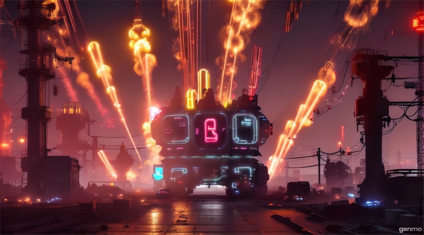 A neon-lit scrapyard guarded by repurposed mech-heads blinks rhythmically. Animate mech eye flickers and steam vents. No zoom. IMPORTANT: Keep the camera completely still — no zoom, pan, or tilt. The final frame matches the first frame exactly, with no visible cuts.
