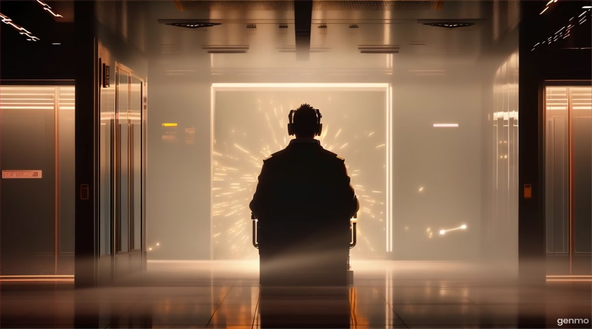 An elevator stuck mid-shaft glows faintly while a figure sits alone inside. Animate elevator lights and floating dust. No zoom. IMPORTANT: Keep the camera completely still — no zoom, pan, or tilt. The final frame matches the first frame exactly, with no visible cuts.