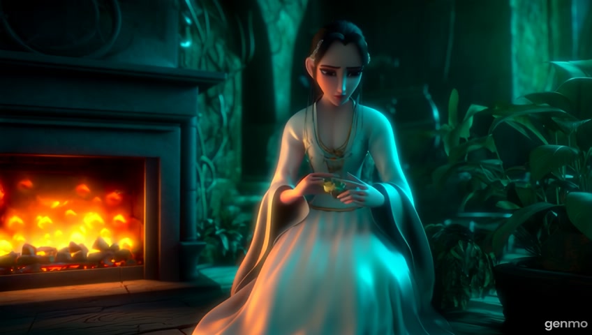 An anime healer in a flowing white Renaissance robe kneels respectfully before a crackling fireplace, lovingly preparing herbal remedies. Her expression is nurturing and caring, eyes gentle and wise. The serene healing chamber is adorned with medicinal plants and soft textiles, illuminated by a calming soft green light that soothes the mind
