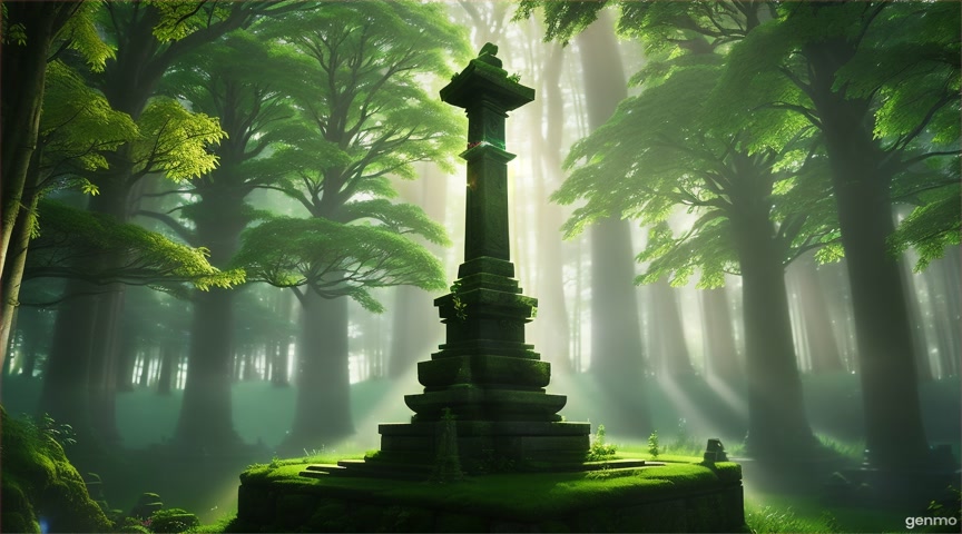 A glowing sword floats above a stone pedestal in a sacred grove. Animate ambient glow and leaf motion. No zoom or camera shift. IMPORTANT: Keep the camera completely still — no zoom, pan, or tilt. The final frame matches the first frame exactly, with no visible cuts.