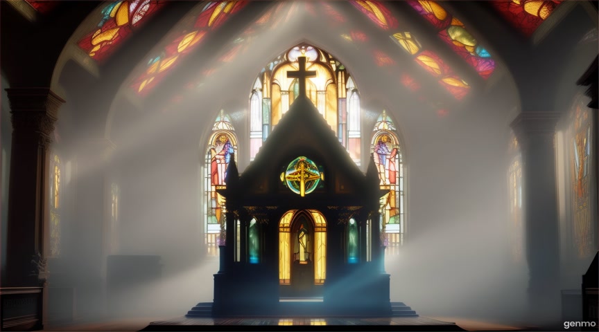 An old android chapel holds glowing stained glass scenes of extinction. Animate glass shimmer and fog dance. No zoom. IMPORTANT: Keep the camera completely still — no zoom, pan, or tilt. The final frame matches the first frame exactly, with no visible cuts.