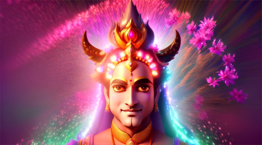 View from a distance - walking towards the viewer along a dirt footpath, bejeweled lord male Gopala cow man dressed in flowing robes and waving a wand. Background, rainbow neon flowers burst forth.