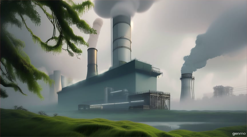 Keep the camera still — no zoom, pan, or tilt. Animate only subtle environmental elements like rain, mist, and light flickers. A power plant overrun by moss emits a soft buzz beneath clouded sky. Animate fog swirl and electric hum. No camera shift.