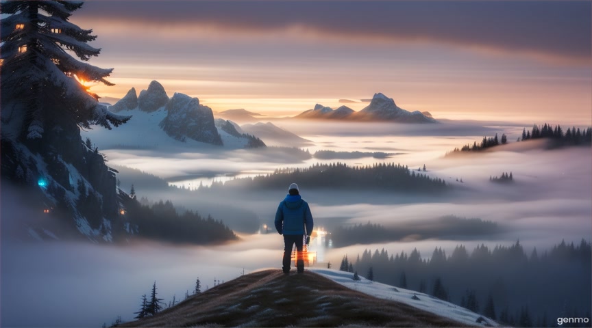 A wide, misty landscape featuring a solitary figure sitting on a frozen hillside overlooking a still lake. In the distance, emerging from the fog, is a tall, futuristic city with glowing lights and sleek architectural structures. IMPORTANT: Keep the camera completely still — no zoom, pan, or tilt. The final frame matches the first frame exactly, with no visible cuts. The surrounding environment consists of large, rugged mountains, some with snow-capped peaks, partially obscured by the low-lying mist. Evergreen trees dot the foreground hillside, which is covered in patches of vibrant yellow and pink wildflowers. The overall atmosphere is tranquil, slightly melancholic, and hints at a blend of nature and futuristic technology. The lighting is soft and diffused due to the mist, creating a dreamlike and mysterious ambiance.