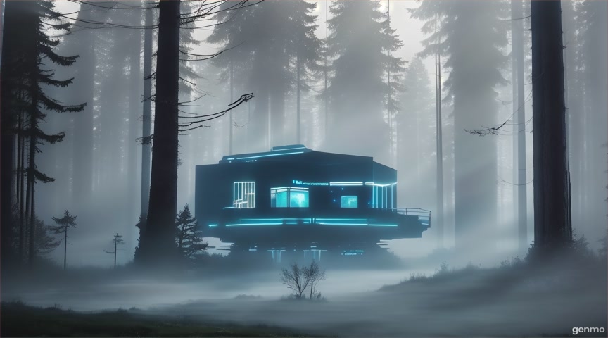 A high-tech outpost abandoned in the woods, cables hanging and disconnected monitors glowing blue — IMPORTANT: Keep the camera completely still — no zoom, pan, or tilt. Animate only screen flickers, gentle shadows, and passing fog. The final frame matches the first frame exactly to ensure a perfect infinite loop. IMPORTANT: Keep the camera completely still — no zoom, pan, or tilt. Animate only faint flickering screens, drifting fog outside, and minimal ambient movement. The final frame matches the first frame exactly to ensure a perfect infinite loop.