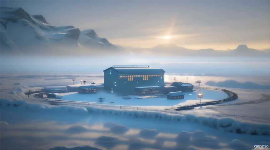 A frozen valley base with one operational terminal and scattered food supplies. Animate screen flicker and icy breath effects. No zoom. IMPORTANT: Keep the camera completely still — no zoom, pan, or tilt. Animate only faint flickering screens, drifting fog outside, and minimal ambient movement. The final frame matches the first frame exactly to ensure a perfect infinite loop.