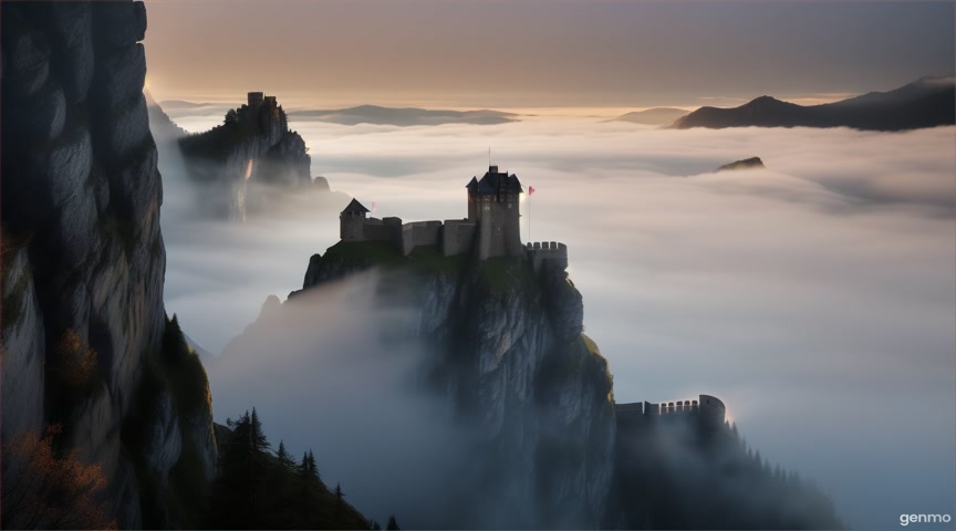 An alpine fortress perched on rocky cliffs, its comms flickering while mist gathers below. No camera movement or zoom, only animate the environment. IMPORTANT: Keep the camera completely still — no zoom, pan, or tilt. Animate only faint flickering screens and drifting fog outside. The final frame matches the first frame exactly to ensure a perfect infinite loop.