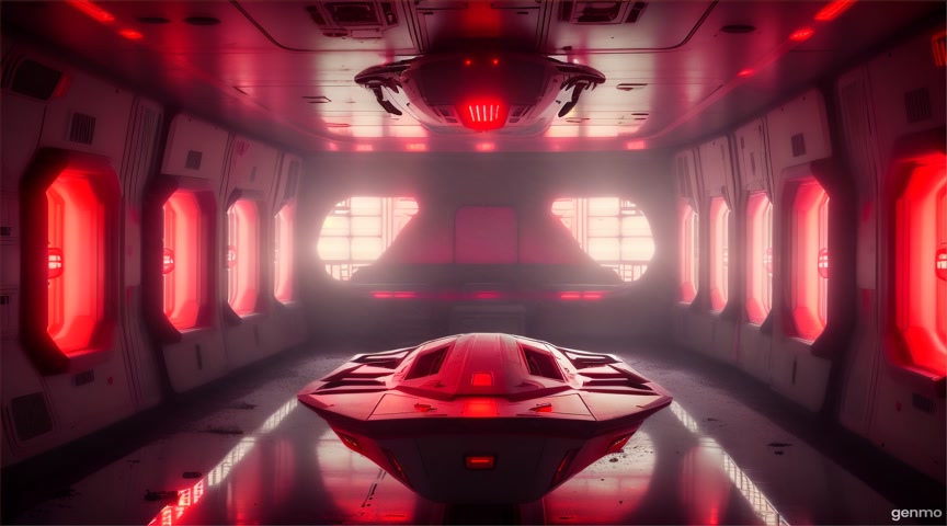 Interior of an abandoned spaceship lit by emergency red lights. Floating dust and flickering panels give life to the scene. No zoom or camera movement; only environment animations. IMPORTANT: Keep the camera completely still — no zoom, pan, or tilt. Animate only faint flickering screens and drifting fog outside. The final frame matches the first frame exactly to ensure a perfect infinite loop.