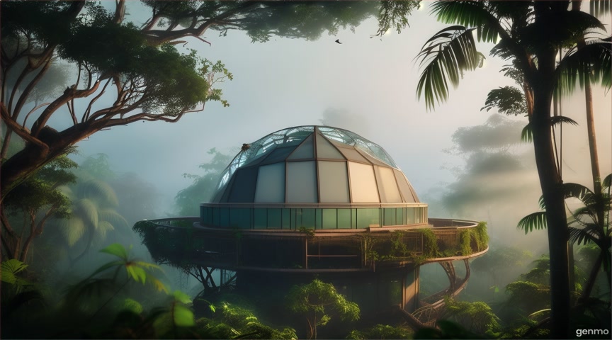 Long-abandoned observation dome in the jungle. Vines sway gently and birds chirp outside. Animate natural elements only—no zoom or movement. IMPORTANT: Keep the camera completely still — no zoom, pan, or tilt. Animate only faint flickering screens and drifting fog outside. The final frame matches the first frame exactly to ensure a perfect infinite loop.