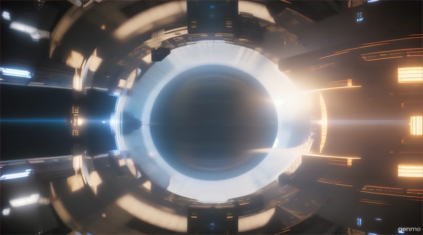 A massive rotating station in low orbit, viewed from its hollow center. No movement or zoom, just animate blinking consoles and slow rotation shadows. IMPORTANT: Keep the camera completely still — no zoom, pan, or tilt. Animate only faint flickering screens and drifting fog outside. The final frame matches the first frame exactly to ensure a perfect infinite loop.