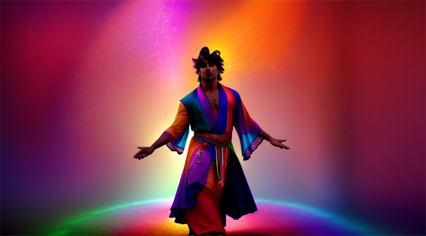 View from a distance - dancing flamenco towards the viewer along a dirt footpath, bejeweled lord male Gopala cow man dressed in flowing robes dancing flamenco towards the viewer. Background, rainbow neon flowers burst forth.
