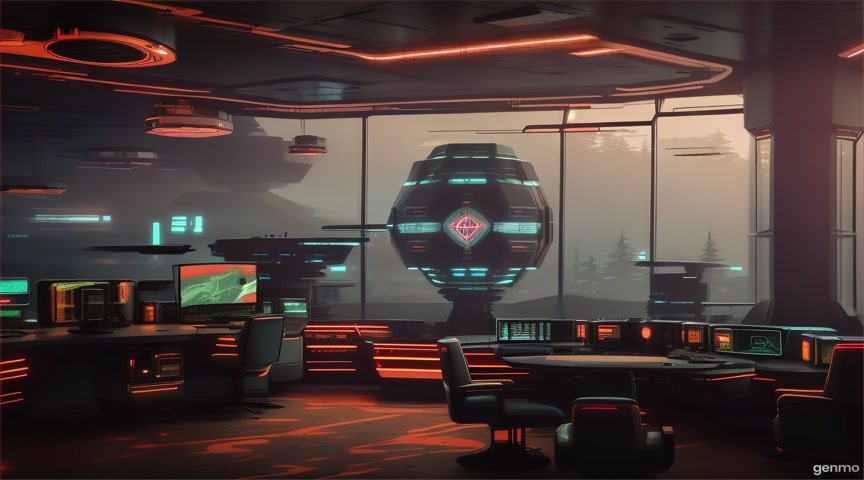 A futuristic monitoring outpost nestled in a dense forest during twilight, filled with dimly lit retro monitors and analog control panels, illuminated by soft neon lights. No camera movement or zoom, only the environment is animated with subtle fog drifting through broken windows. IMPORTANT: Keep the camera completely still — no zoom, pan, or tilt. Animate only faint flickering screens and drifting fog outside. The final frame matches the first frame exactly to ensure a perfect infinite loop.