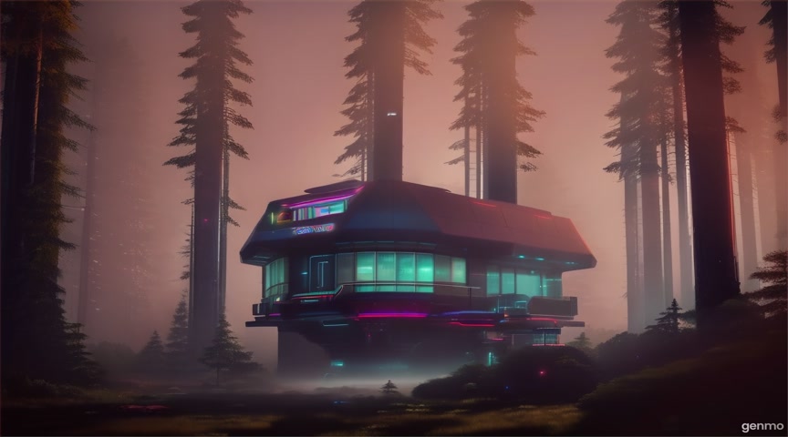 A futuristic monitoring outpost nestled in a dense forest during twilight, filled with dimly lit retro monitors and analog control panels, illuminated by soft neon lights. No camera movement or zoom, only the environment is animated with subtle fog drifting through broken windows. IMPORTANT: Keep the camera completely still — no zoom, pan, or tilt. Animate only faint flickering screens and drifting fog outside. The final frame matches the first frame exactly to ensure a perfect infinite loop.