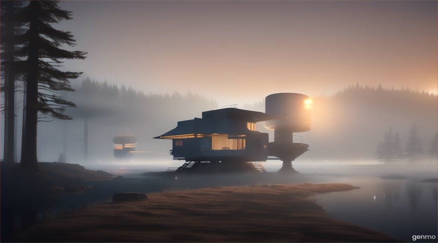 A unique outpost control station with blinking monitors, surrounded by vast wilderness. No movement or zoom, only animate the environment. IMPORTANT: Keep the camera completely still — no zoom, pan, or tilt. Animate only faint flickering screens and drifting fog outside. The final frame matches the first frame exactly to ensure a perfect infinite loop.