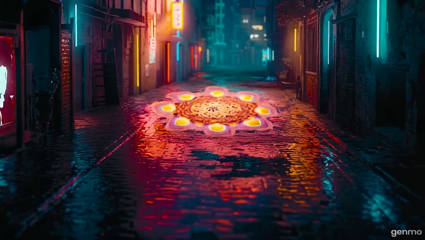 narrow urban alley at night, wet cobblestones, flickering neon signs, a luminous mandala projected onto the ground from an unseen source, swirling colors — crimson, turquoise, gold, white — reflecting off puddles, mystical aura, distant sound of chanting, urban decay meets sacred geometry, painterly oil-textured render with rough brushwork and soft glowing light