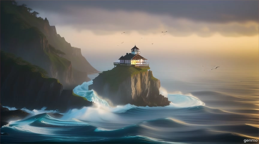 Coastal mountain outpost, waves crashing far below, birds circling the horizon — animate ocean and bird motion only. IMPORTANT: Keep the camera completely still — no zoom, pan, or tilt. Animate only faint flickering screens and drifting fog outside. The final frame matches the first frame exactly to ensure a perfect infinite loop.