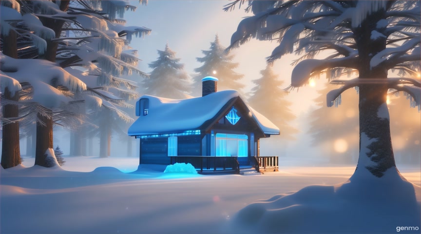 A cold winter outpost filled with monitors and glowing blue lights. Trees covered in snow outside. No camera movement, snow drifts and light flicker animate subtly. IMPORTANT: Keep the camera completely still — no zoom, pan, or tilt. Animate only faint flickering screens and drifting fog outside. The final frame matches the first frame exactly to ensure a perfect infinite loop.