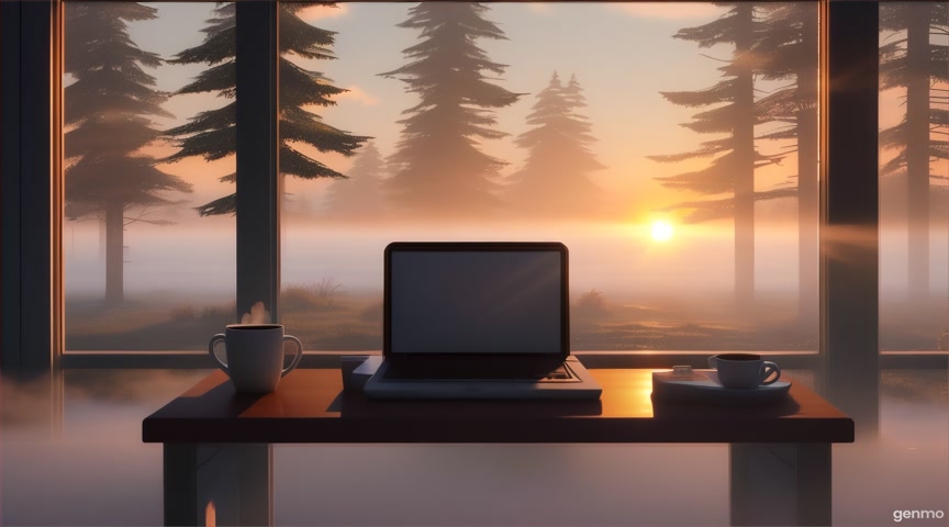 Early morning in a recon cabin, a single coffee mug steaming beside dead computers. No zoom. Animate only steam and sunrise glow. IMPORTANT: Keep the camera completely still — no zoom, pan, or tilt. Animate only faint flickering screens and drifting fog outside. The final frame matches the first frame exactly to ensure a perfect infinite loop.