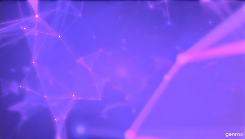 A calm, slow-moving video loop of glowing network geometry and soft flowing energy waves, in violet and indigo colors. Peaceful atmosphere, abstract spiritual style. Light particles gently floating in the background. Meditative and dreamlike. Perfect for background in a healing frequency video seamless loop, cinematic lighting