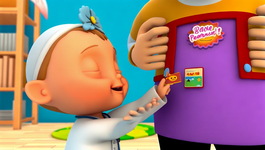 Sticker Reward Time"
The doctor toddler places a colorful sticker on the patient’s shirt. The sticker says “Brave Patient!” with stars and smiley faces.make it in 3d cartoons