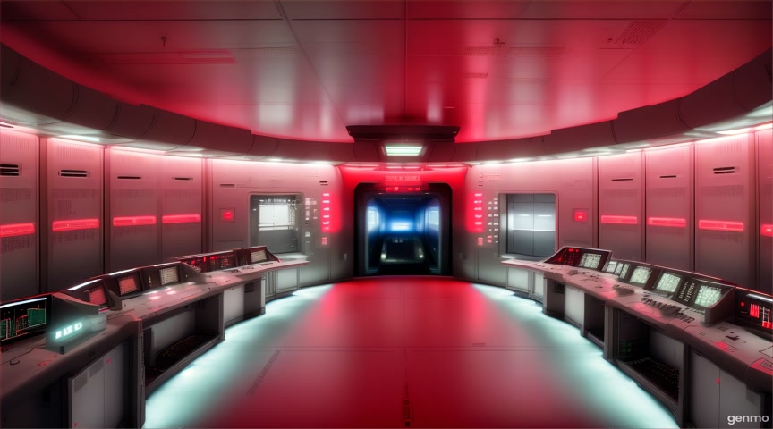 Doomsday vault control room lit by emergency lights. No movement or zoom; animate bio-scanners and cold air fogging.