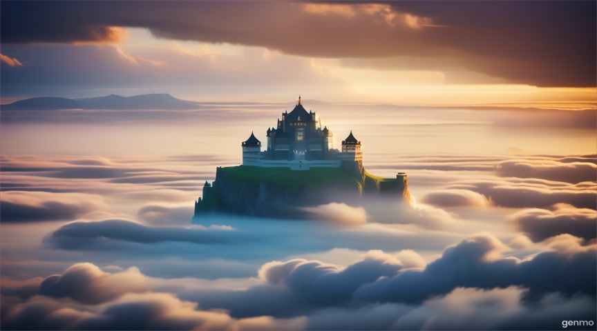 Floating fortress above cloud sea with panoramic interface. No movement or zoom; animate slow-moving clouds and soft ambient screen light.