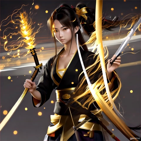 A full-body anime-style character with long, wild hair tied in a ponytail, standing on the left side of the frame with her entire back facing the camera, in a powerful stance. She is holding one katana in each hand, with both arms slightly extended and the blades held naturally, perfectly aligned in her hands, as if prepared for battle. The character wears a traditional kimono, and a brilliant, radiant golden aura surrounds her entire body, pulsing with energy and subtly distorting the air around her. The figure is outlined with a vivid golden neon glow, standing out dramatically against a dark, smoky background filled with floating ember particles. In the distance, directly ahead of her, a traditional Japanese temple is visible, partially illuminated by the golden glow. The stormy sky above is filled with swirling clouds and streaks of lightning. Beneath her feet, glowing golden mystical runes or energy waves radiate outward, enhancing the intense, mystical, and legendary atmosphere