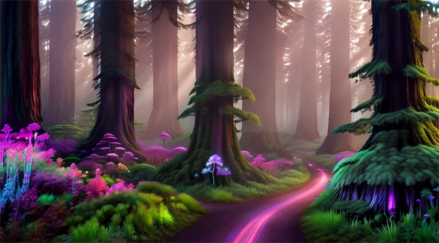 viewed from a distance - moving along a dirt track In the middle of a beautiful redwood forest with redwood trees wrapped in veils of emerald moss and glowing lichens, softly pulsing with rainbow neon bioluminescent light. Pink neon hibiscus flowers and fern-covered ground with glowing neon Mushrooms in vibrant neon colours of blue, violet, and coral peek from decaying logs. Neon Aurora Borealis in the sky.