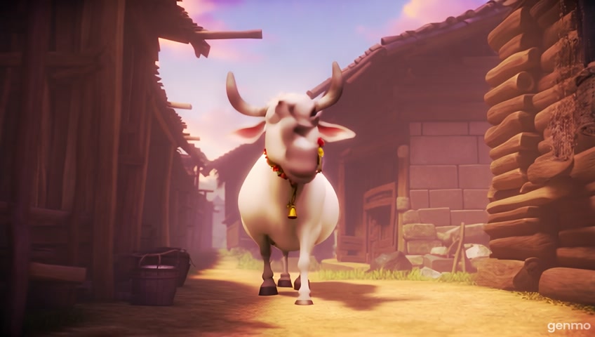 White cow walking back home through a narrow village path, softly mooing. Cowbells clinking gently. Warm evening light as she approaches a wooden barn. Realistic cartoon animation."A cute Nepali baby girl (2 years old) with round cheeks, wearing a traditional gunyo cholo, big eyes, expressive face. Her loving mother (late 20s) in red sari. A gentle white native Nepali cow with big eyes and flower garland, animated in soft, detailed, Ghibli-style cartoon realism.Visual Style: Realistic cartoon / Studio Ghibli inspired / Warm, emotional, child-friendly