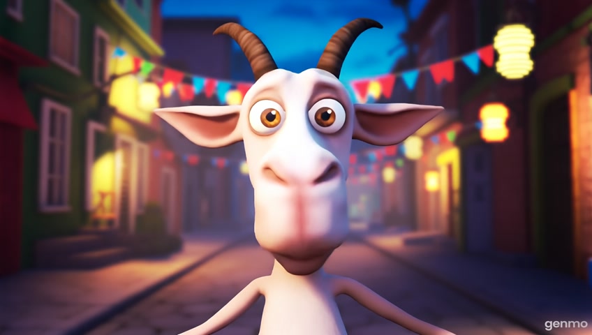 Close-up of the second consistent cartoon goat looking shocked and wide-eyed, as if realizing something scary. The goat is alone in frame. The background is the same Eid-decorated street with soft evening light starting to appear. The first goat is not visible.
‎