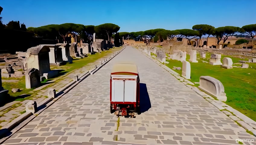 Una carruca dormitoria, carrozza di epoca romana, che si muove lentamente lungo la via Appia, fatta di basoli. lungo la strada un paesaggio suggestivo naturale, con sporadici sepolcri monumentali lungo la strada di epoca romana. stile cinematografico, colori cinematografici