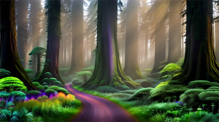 Neon Aurora Borealis in the sky. viewed from a distance - moving along a dirt track In the middle of a beautiful redwood forest with redwood trees wrapped in veils of emerald moss and glowing lichens, softly pulsing with rainbow neon bioluminescent light. Fern-covered ground, with glowing neon giant Mushrooms in vibrant neon colours of blue, violet, and coral. Neon Aurora Borealis in the sky.