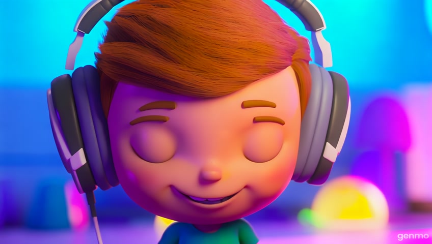 cartoon Kid wears headphones, dances to music. 3D Disney Pixar style