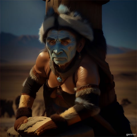 Geriatric ugly thin-bodied orc medicine woman in fur vest and fur loincloth is implanting a beastly looking totem pole into the dry cracked steppe ground