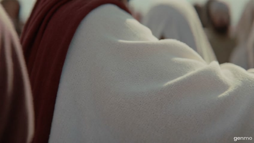 Amid a tightly packed crowd, a frail woman reaches through legs and robes to touch the hem of Jesus’ garment. He stops abruptly, asking, “Who touched Me?” Time slows as the camera focuses on the moment her fingers graze His robe, a soft divine glow emphasizing the miracle.