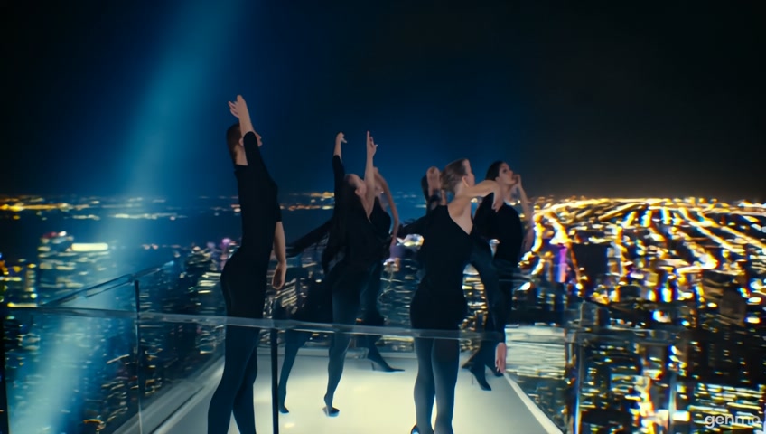 closeup to dancers on a top platform on a towering skyscraper in New York City at night, a perfectly synchronized dance formation mesmerizes onlookers under nightly sky. Each dancer's movement is precise and fluid, creating a stunning visual spectacle against the urban backdrop. The dancers, dressed in black sleek, modern attire, exude grace and strength in their performance. The video radiates with energy and skill, inviting viewers to marvel at the beauty of human movement set against a cityscape. the platform is lighted by film spotlights.