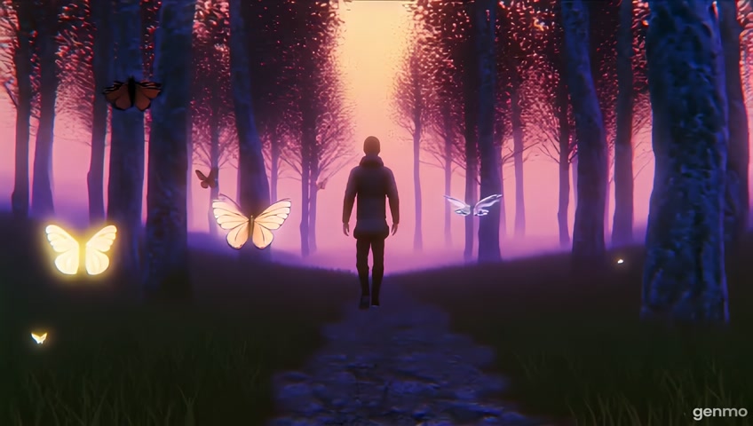 A slow, cinematic sequence showing a person walking alone through a glowing forest at dusk, surrounded by floating butterflies made of light. The environment breathes gently — trees swaying, fog drifting, and colors shifting between warm pink, gold, and deep blue. The camera moves slowly and smoothly, following the figure as the butterflies gather around them and rise into the sky. Emotional, dreamlike, and uplifting, matching a deep progressive melodic techno track