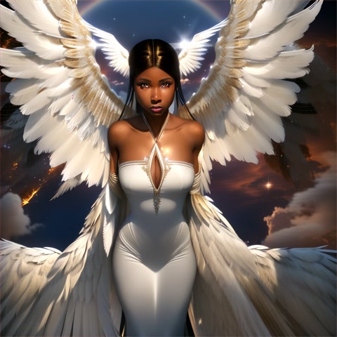 Create a (extremely detailed facial :1.5), ([(realistic:1.125)|(matte:1.125)|extremely detailed|:1.5) hyper-realistic, 8K, A dramatic, Seraphina Lightwing, a Beautiful "light caramel” skin-tone,midsize 22”inch waist size, hourglass figure,regal plus-size, African American  sorrowful angel, with short jet black and honey blonde,windswept sleek fauxhawk hairstyles,, is depicted flying upward toward the camera. She leaves behind an apocalyptic view of the ruined Earth, which is visible from an aerial perspective. As she ascends at a fast speed, tears stream down her cheeks, emphasizing her emotional state. The scene captures her ethereal glow and the billowing of her flowing white gown, along with the large white feathered wings that enhance her angelic appearance. - - ar 3:2 --v 6.0 --q 2 --s 75 --c 30- -