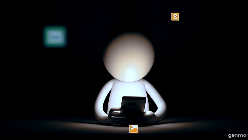 Stick figure staring at a glowing phone in the dark. Their face is blank. Around them: floating icons of TikTok, YouTube Shorts, Reels.