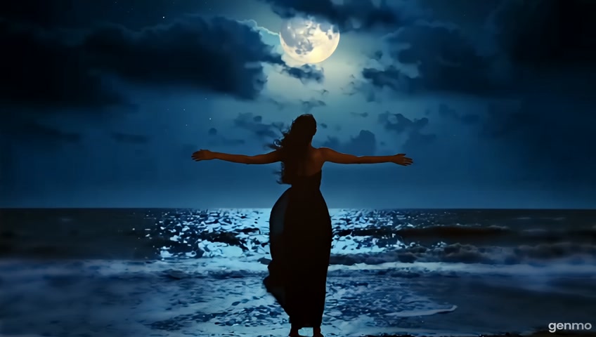 At night, the sea. moon. In the foreground - in the center, a very beautiful, with a beautiful slender figure, dark-haired girl stands on the seashore, her long hair flutters in the wind, her long dress flutters in the wind, she looks at the sea and gracefully spreads her arms to the sides, like a bird that spreads its wings, her hair flows in the wind, she looks mysterious and her movements are graceful .... romantic atmosphere of the night, filled with love and mystery ... the waves hit the shore, scattering small splashes, mysterious night clouds float around the huge moon, the grass on the shore sways in the wind