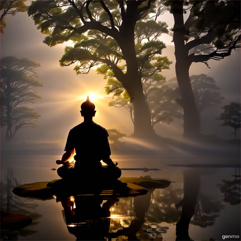 Show a serene natural setting with soft lighting: forests, rivers, sunrise through mist. Include animated or still scenes of a meditating monk under a Bodhi tree, a silhouette of the Buddha, and symbolic visuals like a forked path (two ways) representing right and wrong.
One side should look cloudy and dark, symbolizing ignorance, while the other side is bright and clear, representing wisdom.
Use gentle transitions, soft slow motion, and subtle visual effects like flowing wind, falling leaves, or light particles to convey calmness and inner clarity.
The mood should be spiritual, soft, and deeply reflective, matching the tone of a Buddhist Dhamma song.
Color tones: soft cream, sky blue, light white, and natural green.
Music tempo: slow and peaceful, with acoustic or traditional Asian instruments like flute and strings.
No text overlays except for a title at the beginning:
"Two Paths – Wisdom and Ignorance | Dhamma Song"