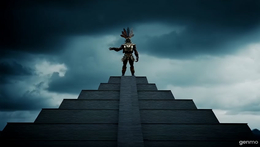 mythic azltlan warrior god of thunder on a pyramid
