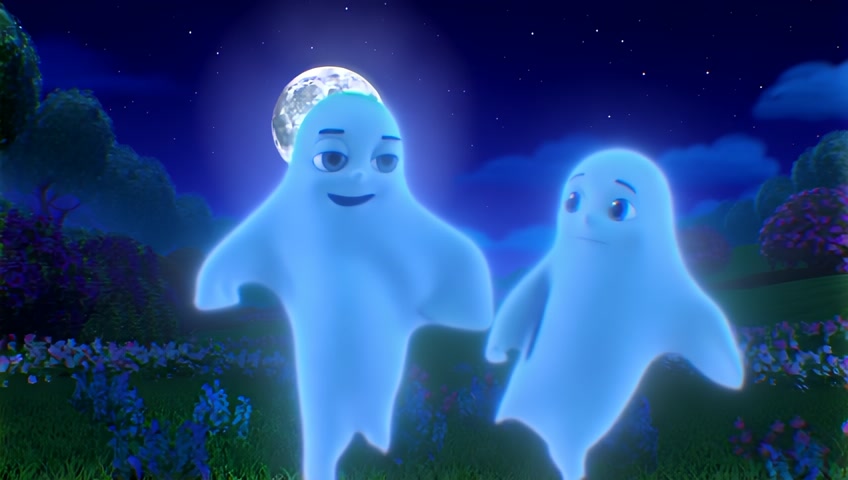 A dancing Couple of cute Ghost, Night Spring ambience, pixar style