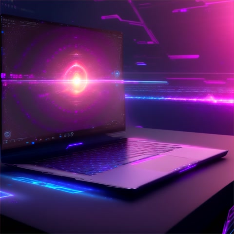 A futuristic laptop projecting angelic codes and cosmic maps — light language UI, divine hacker aesthetic