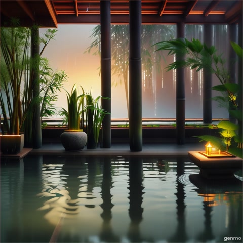 The evening atmosphere of a Zen garden in the rainy season is a relaxing image. The sound of water flowing from bamboo pipes into a dragon-shaped pot in a pond in a Chinese garden with bamboo and flowers floating in the pond. 8K *"--ar 16:9 --v 6 --style raw"*